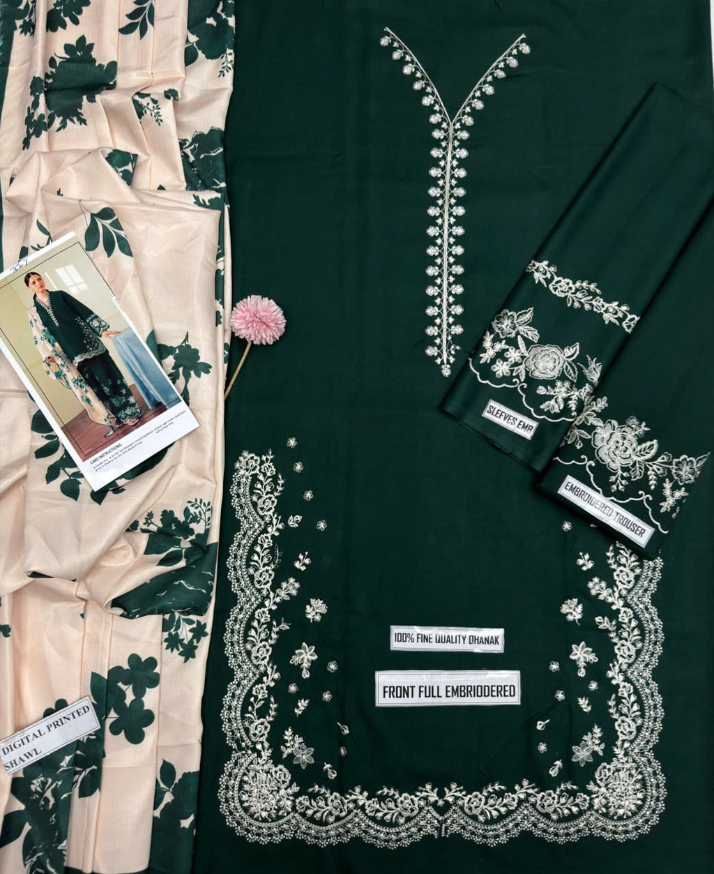 Elegant Emerald Green Embroidered 3-Piece Dhanak Winter Suit